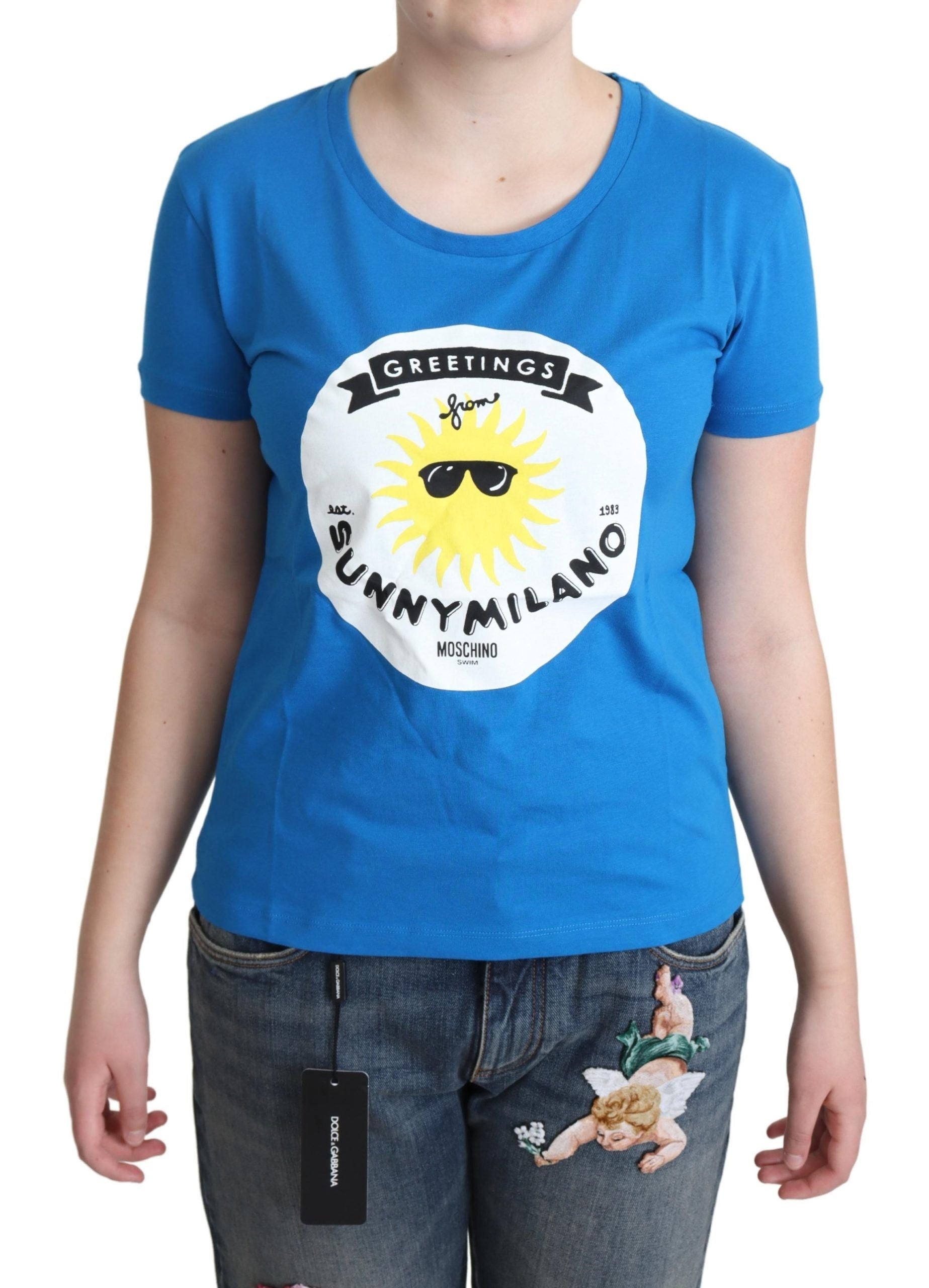 Blaues Baumwoll-T-Shirt mit Sunny Milano-Print