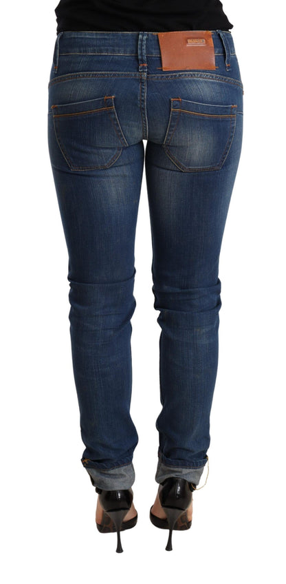 Blaue, verwaschene Skinny-Jeanshose mit niedriger Taille