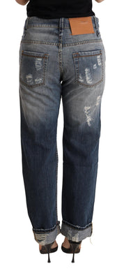 Pantalon droit en denim bleu taille moyenne en lambeaux