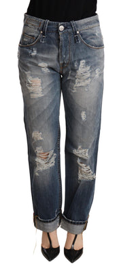 Pantalon droit en denim bleu taille moyenne en lambeaux