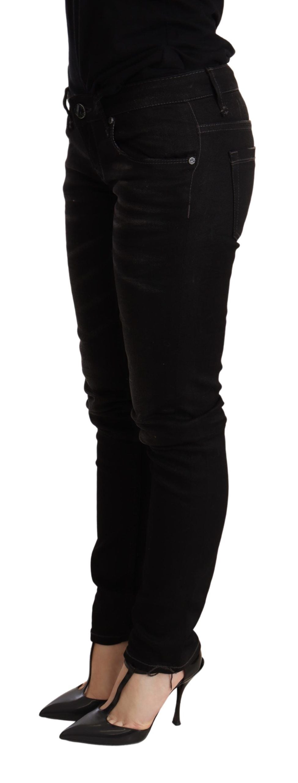 Schwarze Skinny-Jeanshose mit niedriger Taille