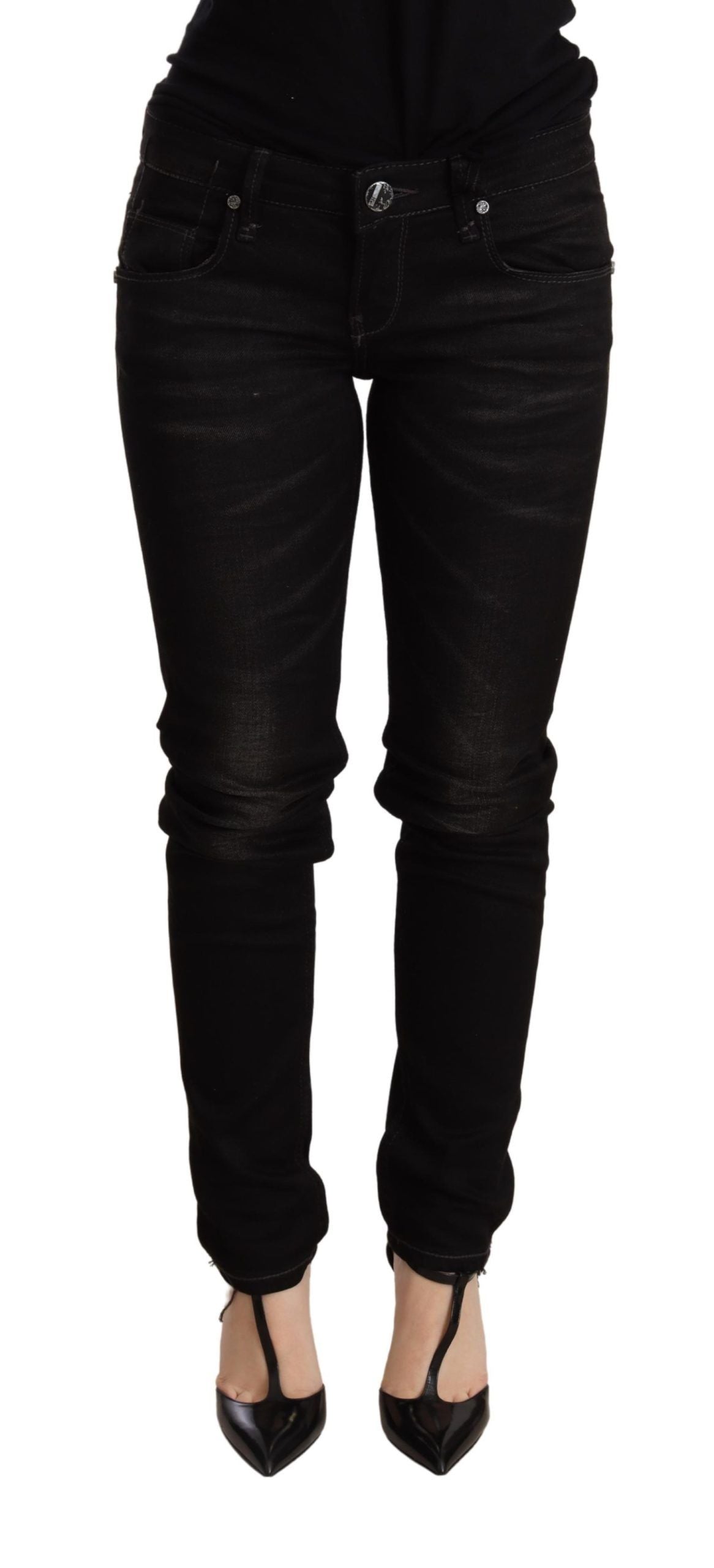 Schwarze Skinny-Jeanshose mit niedriger Taille