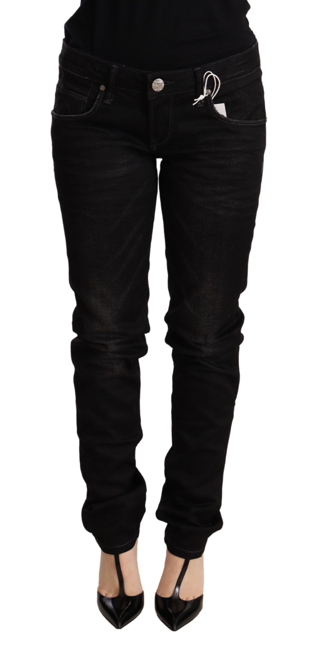 Schwarze Skinny-Denim-Baumwollhose mit niedriger Taille