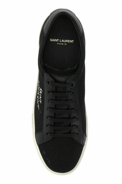 Sleek Black Canvas & Leather Low-Top Sneakers