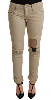 Pantalon plié coupe slim en denim beige avec bas en coton