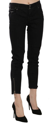 Chic Black Mid Waist Slim Cropped Jeans