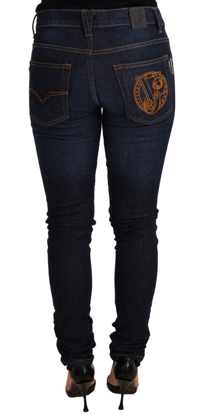 Jean skinny taille basse en coton bleu foncé