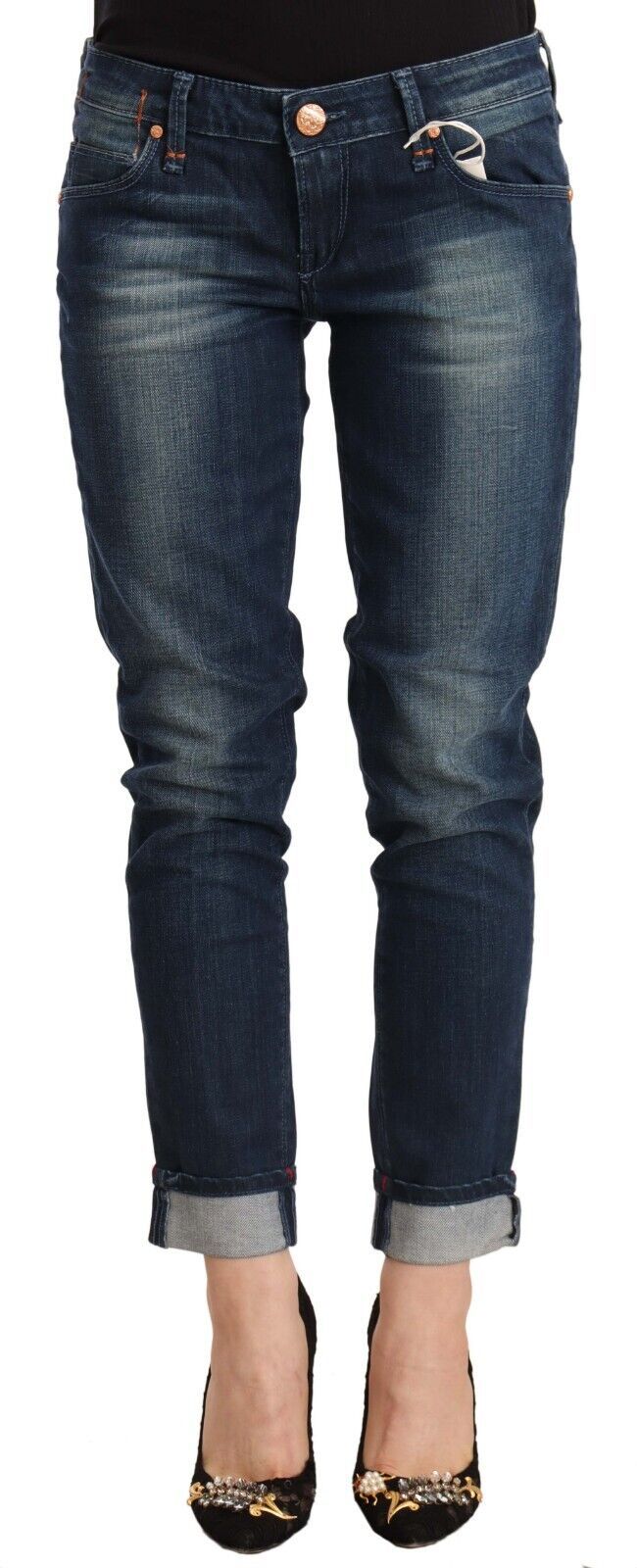 Blaue, verwaschene Skinny-Denim-Jeans mit niedrigem Bund und gefaltetem Saum