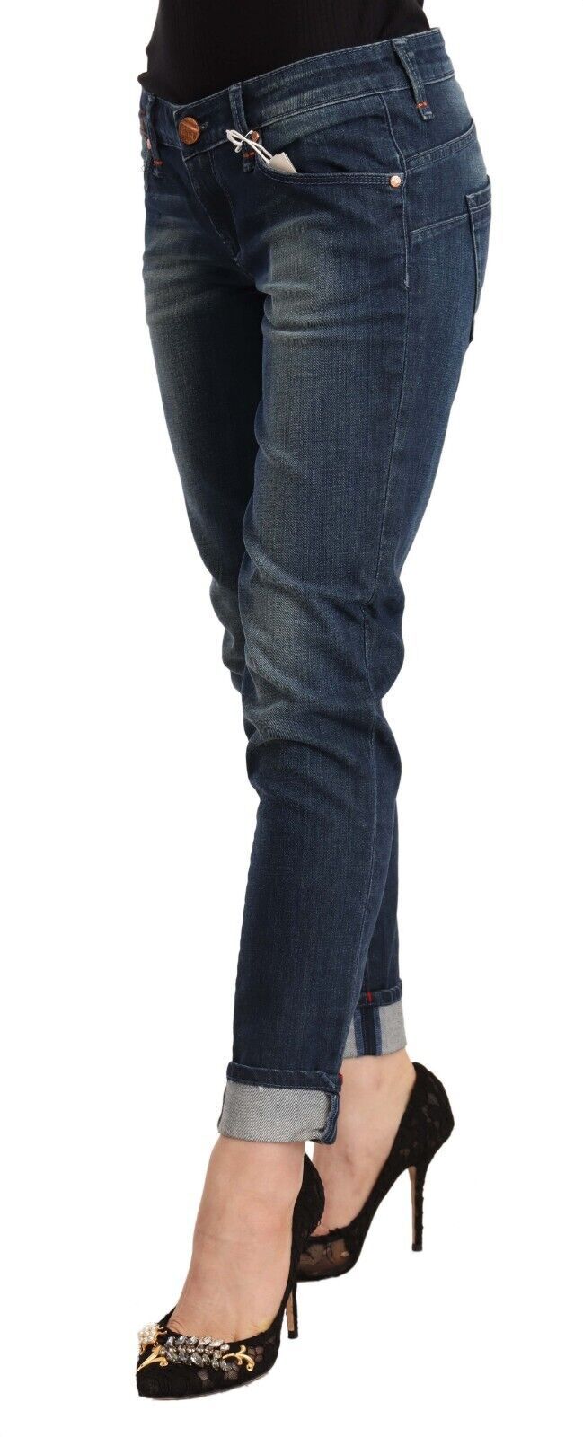 Blaue, verwaschene Skinny-Denim-Jeans mit niedrigem Bund und gefaltetem Saum