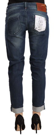 Blaue, verwaschene Skinny-Denim-Jeans mit niedrigem Bund und gefaltetem Saum