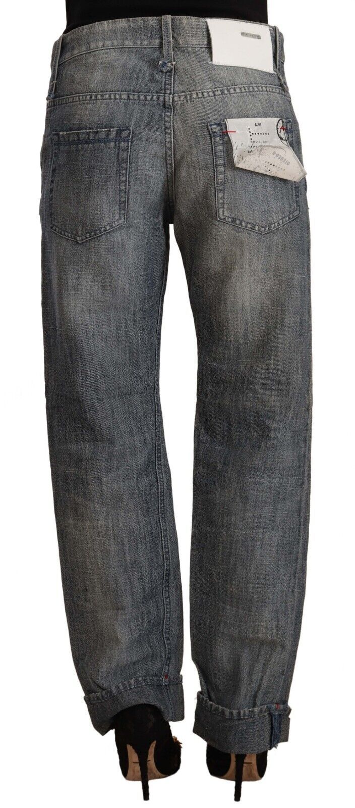 Graue, verwaschene Jeans aus geradem Denim mit mittlerer Taille und gefaltetem Saum