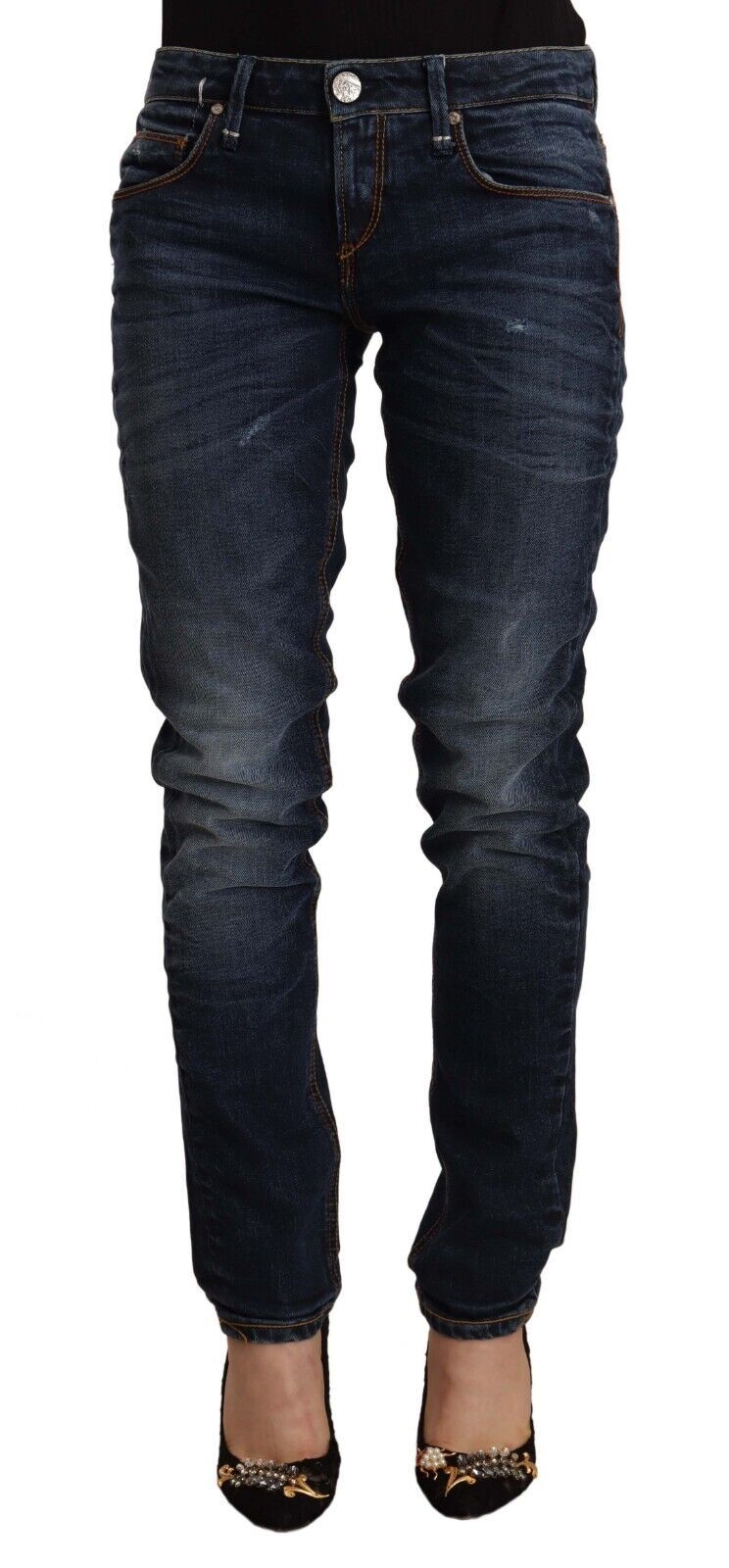 Blaue Skinny-Jeans aus gewaschener Baumwolle mit mittelhohem Bund