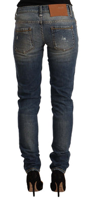 Jean skinny bleu taille moyenne en coton délavé