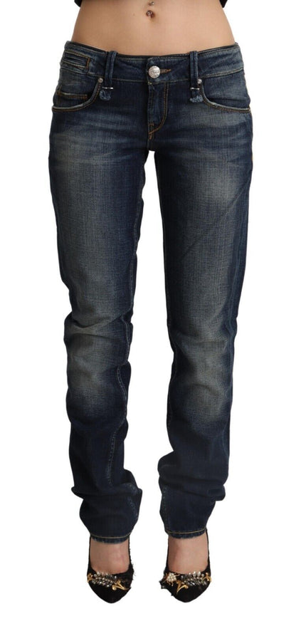 Jean skinny taille basse en denim de coton délavé bleu foncé