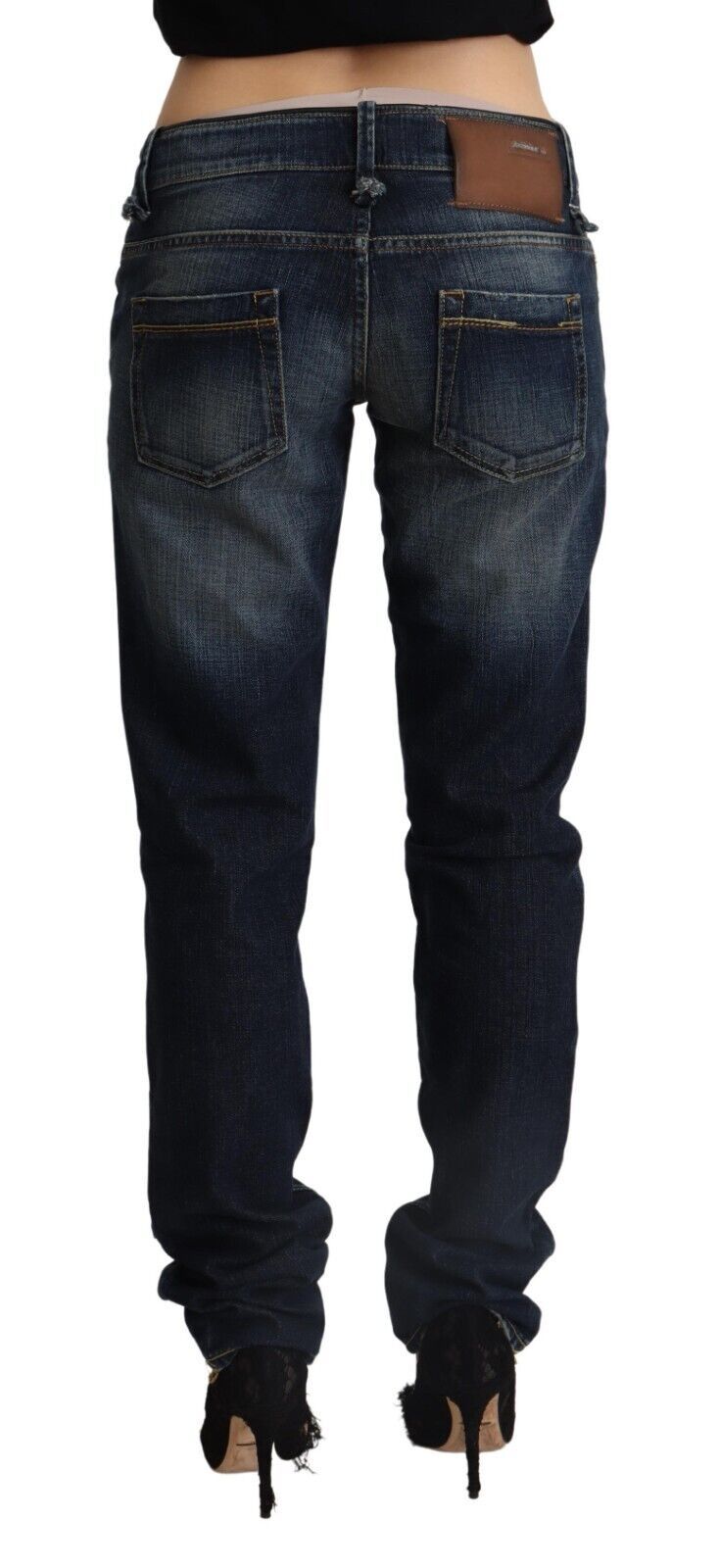 Jean skinny taille basse en denim de coton délavé bleu foncé