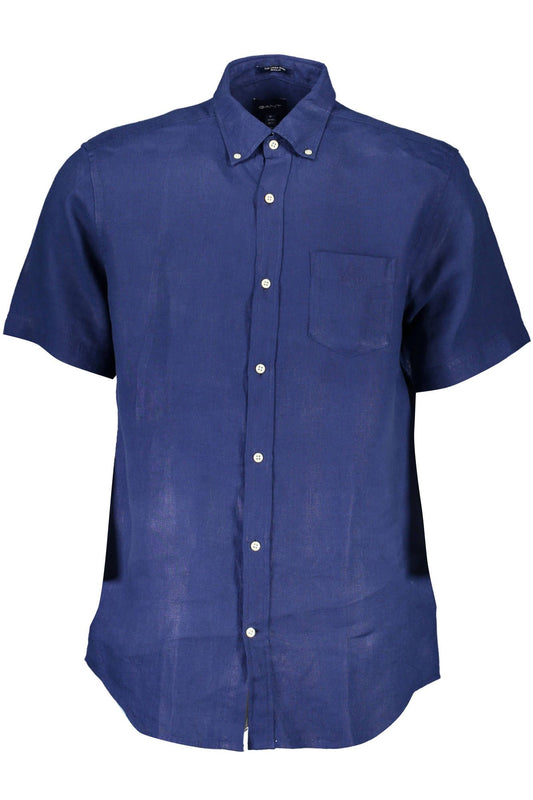 Elegant Blue Linen Button-Down Shirt