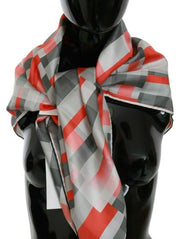 Elegant Silk Checkered Scarf in Gray and Red