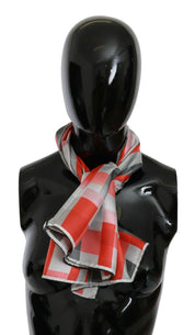 Elegant Silk Checkered Scarf in Gray and Red