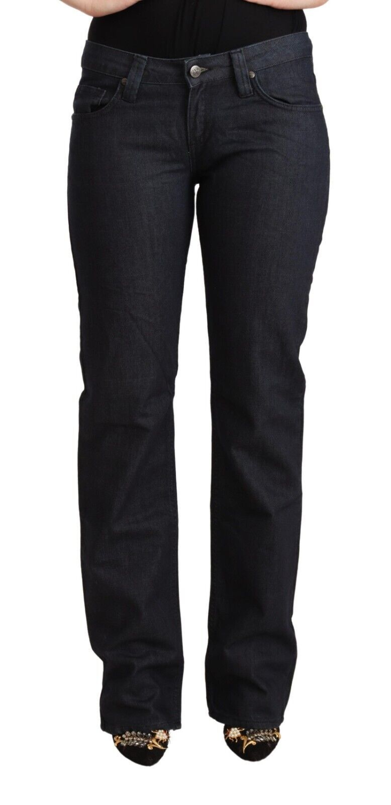 Jean droit en denim stretch taille basse en coton bleu foncé