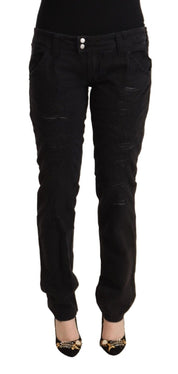 Schwarze Slim-Fit-Denimjeans aus Baumwolle im Distressed-Look mit niedriger Taille