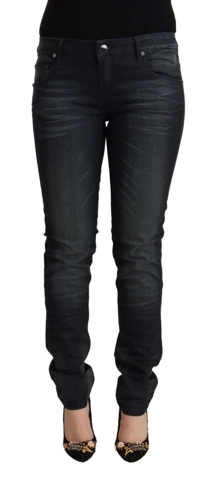 Schwarze Slim-Fit-Jeans aus gewaschener Baumwolle mit niedriger Taille