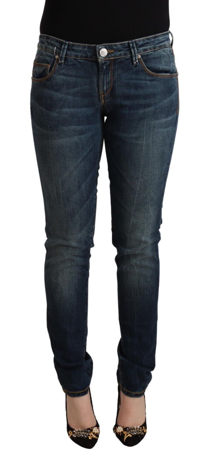 Blaue Slim-Fit-Jeans aus gewaschener Baumwolle mit niedriger Taille