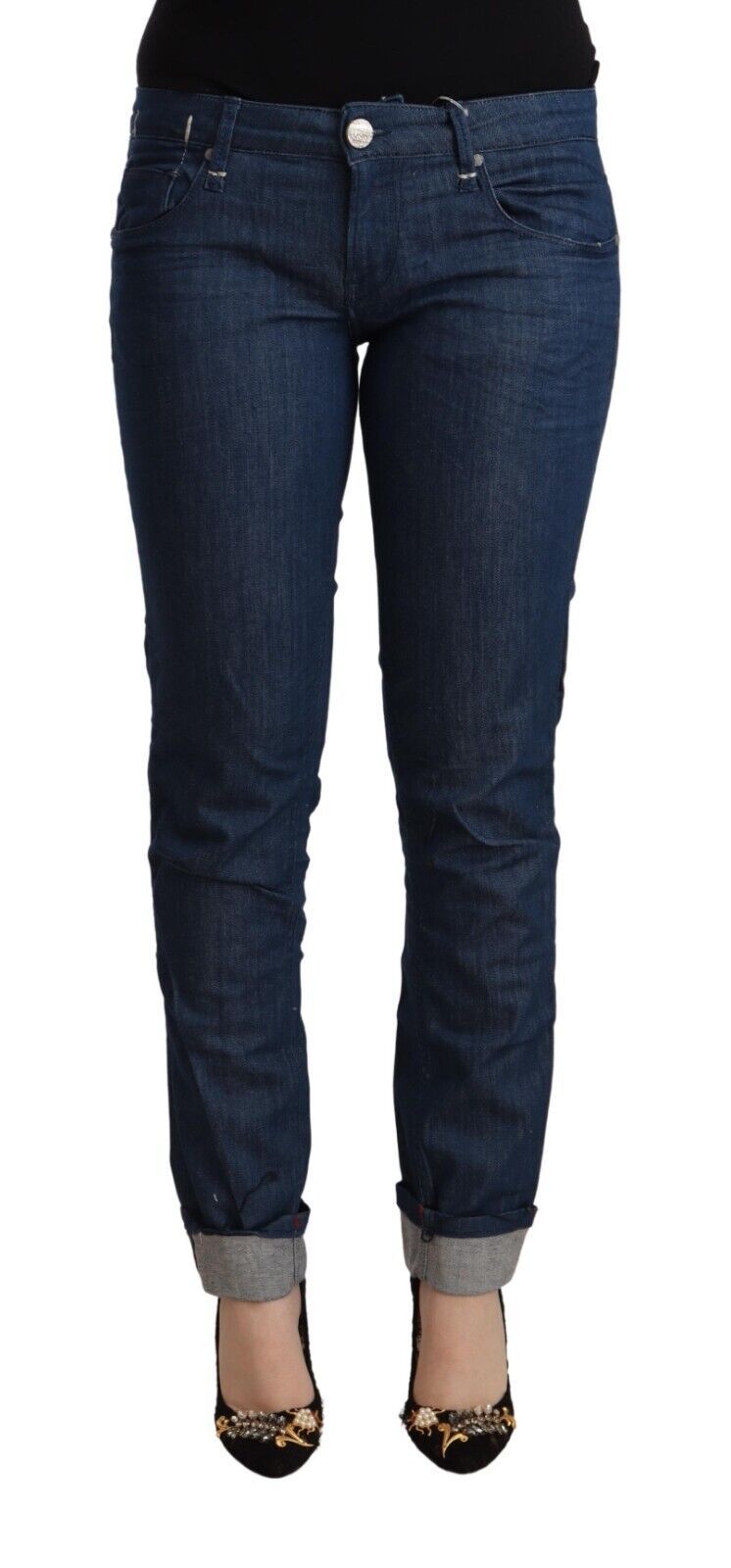 Blaue Skinny-Denim-Jeans aus Baumwolle mit niedriger Taille und gefaltetem Saum