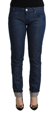 Blaue Skinny-Denim-Jeans aus Baumwolle mit niedriger Taille und gefaltetem Saum