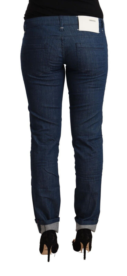 Blaue Skinny-Denim-Jeans aus Baumwolle mit niedriger Taille und gefaltetem Saum