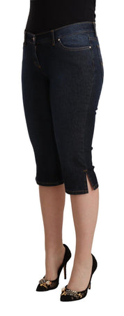 Blaue, schmal geschnittene Capri-Denim-Jeans aus Stretch-Baumwolle mit niedriger Taille