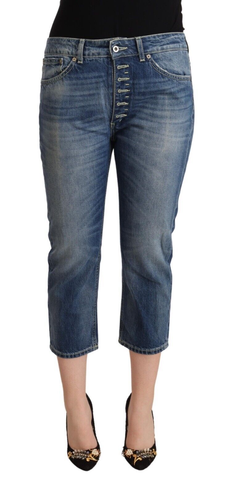 Blau verwaschene Capri-Denim-Jeans mit mittlerer Taille