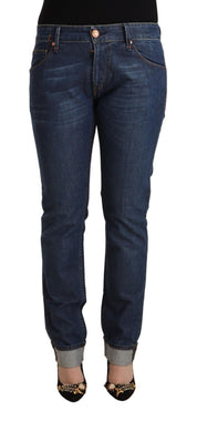 Dunkelblaue Slim-Fit-Denimjeans aus Baumwolle mit gefaltetem Saum