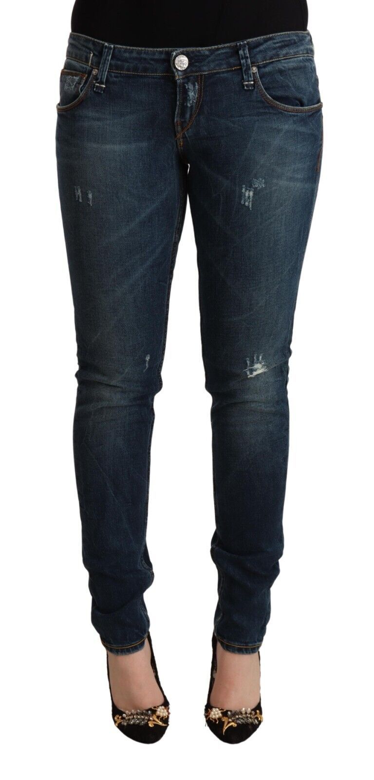 Blau gewaschene Slim-Fit-Jeans aus Denim mit niedriger Taille