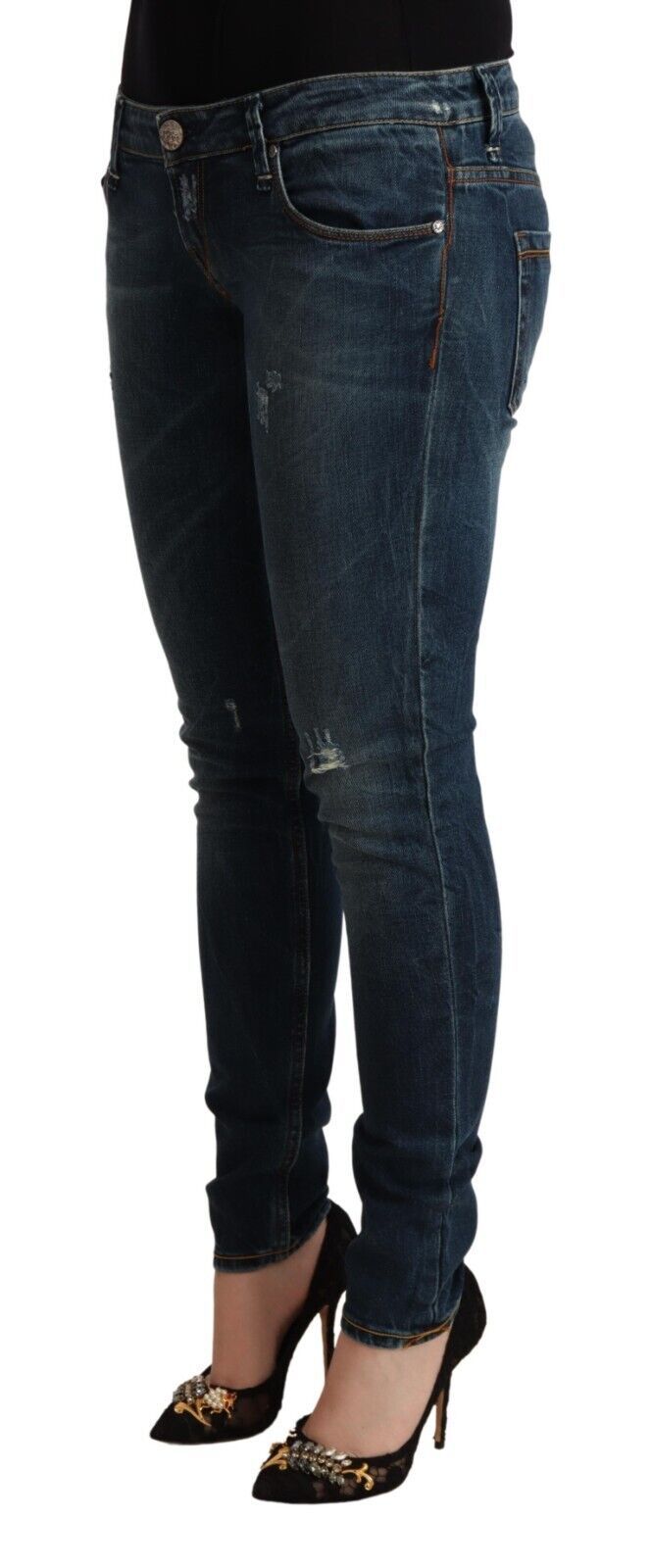 Blau gewaschene Slim-Fit-Jeans aus Denim mit niedriger Taille