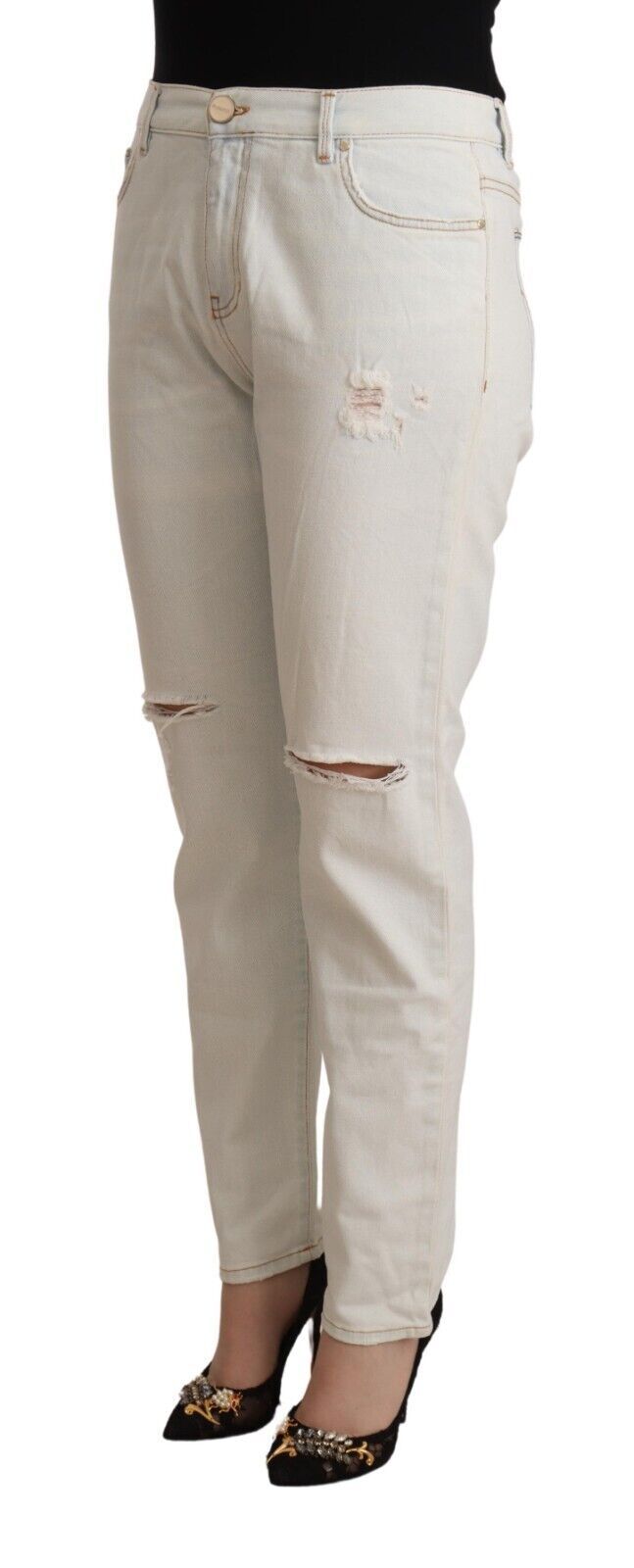 Jean skinny taille moyenne en coton blanc effet vieilli