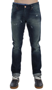 Blau gewaschene Slim-Fit-Jeans aus Baumwolldenim