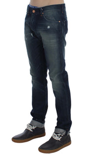 Blau gewaschene Slim-Fit-Jeans aus Baumwolldenim