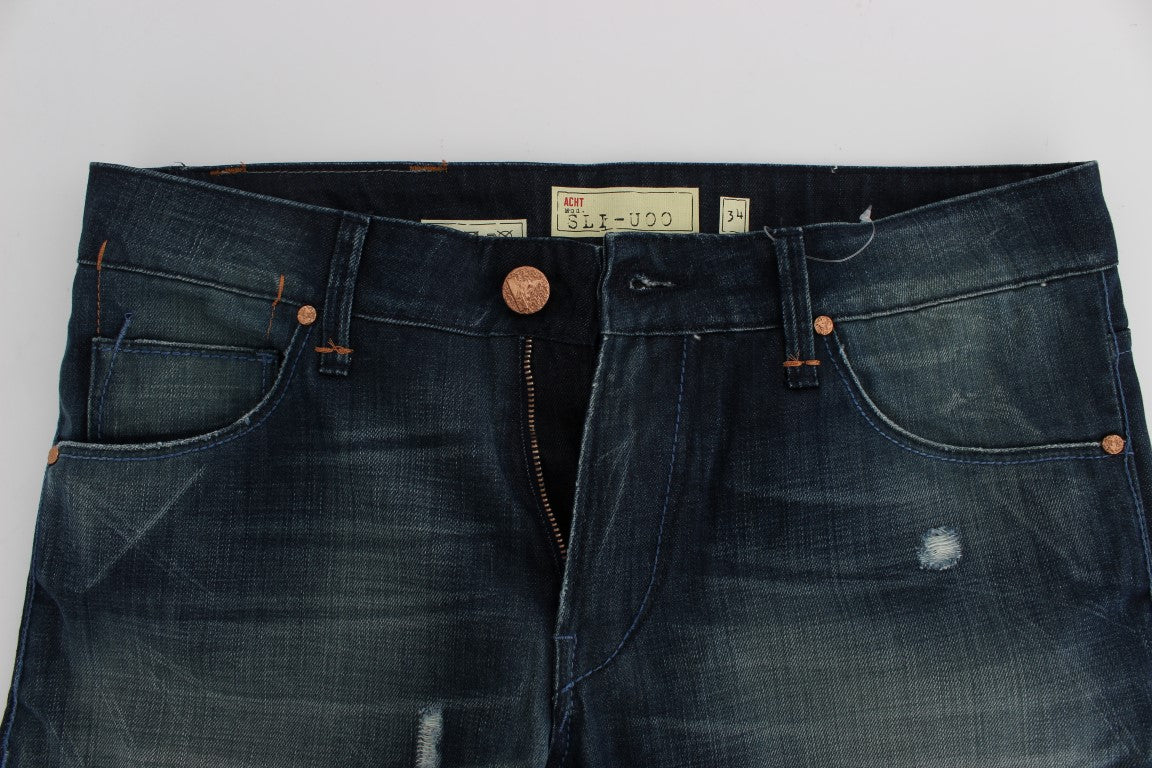 Blau gewaschene Slim-Fit-Jeans aus Baumwolldenim