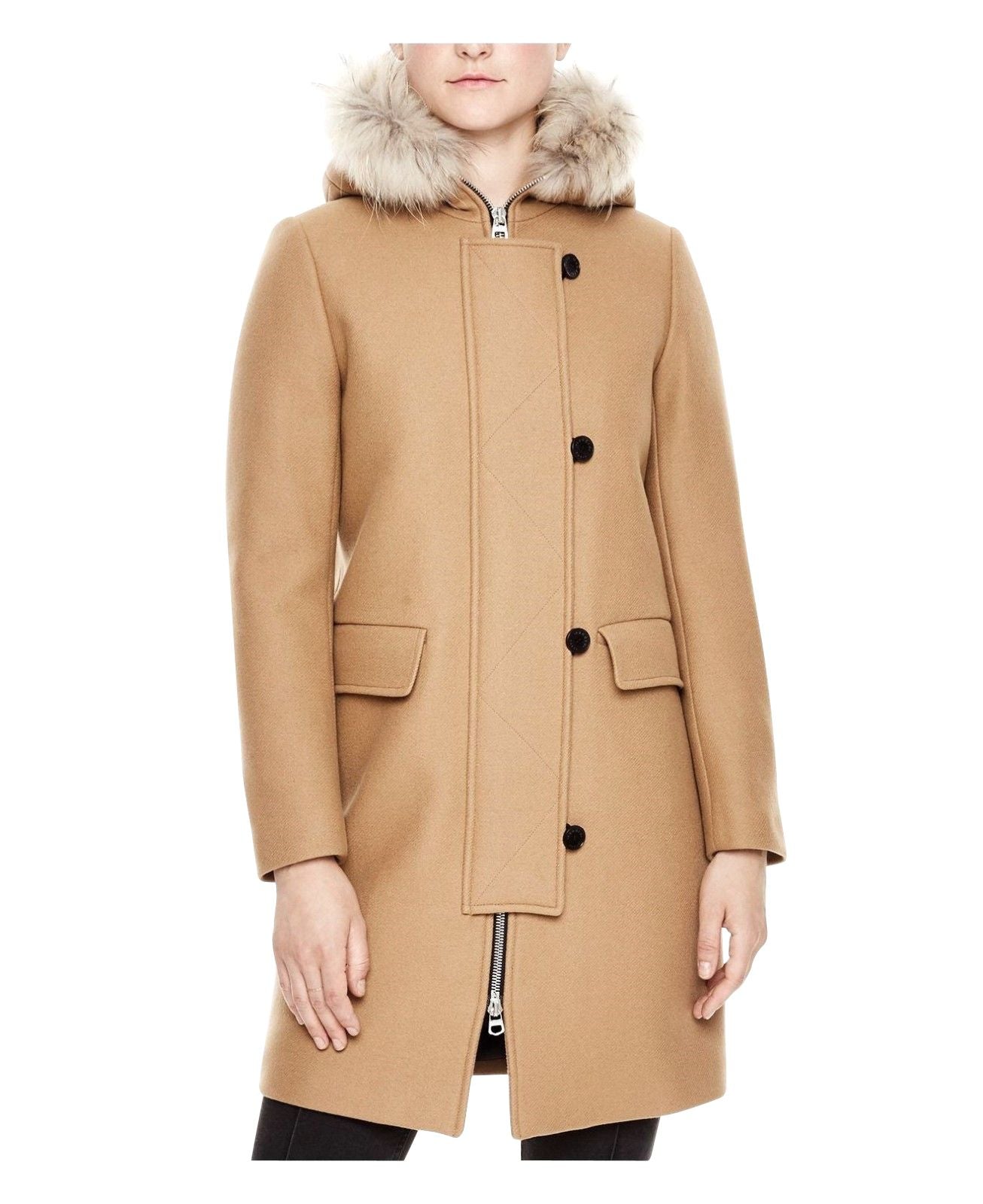 Manteau en laine Camel Kurt pour femmes, capuche avec bordure en fourrure