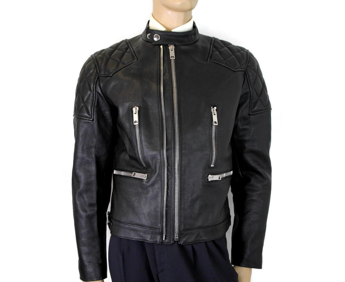 Burberry Herren-Bikerjacke aus schwarzem Leder mit Rautensteppung