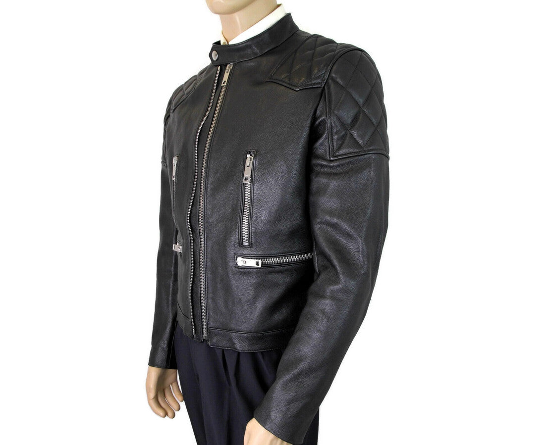 Burberry Herren-Bikerjacke aus schwarzem Leder mit Rautensteppung