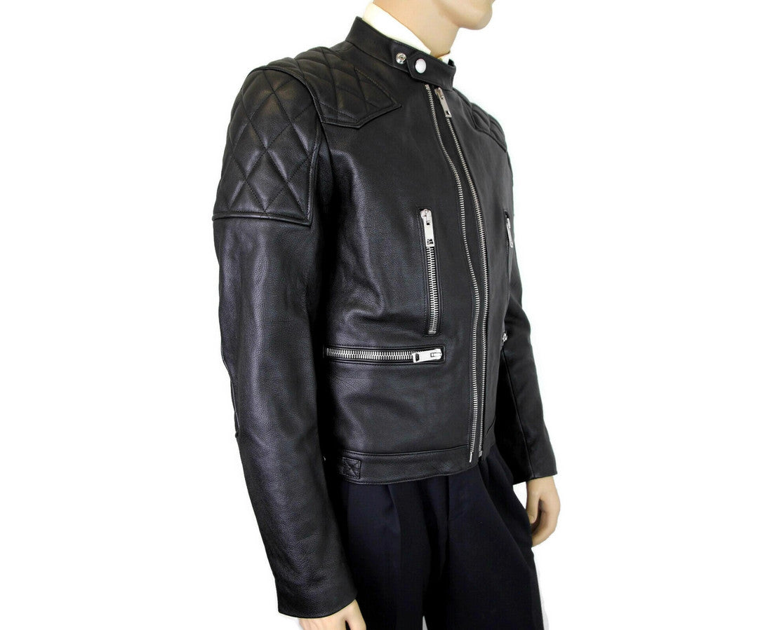 Burberry Herren-Bikerjacke aus schwarzem Leder mit Rautensteppung