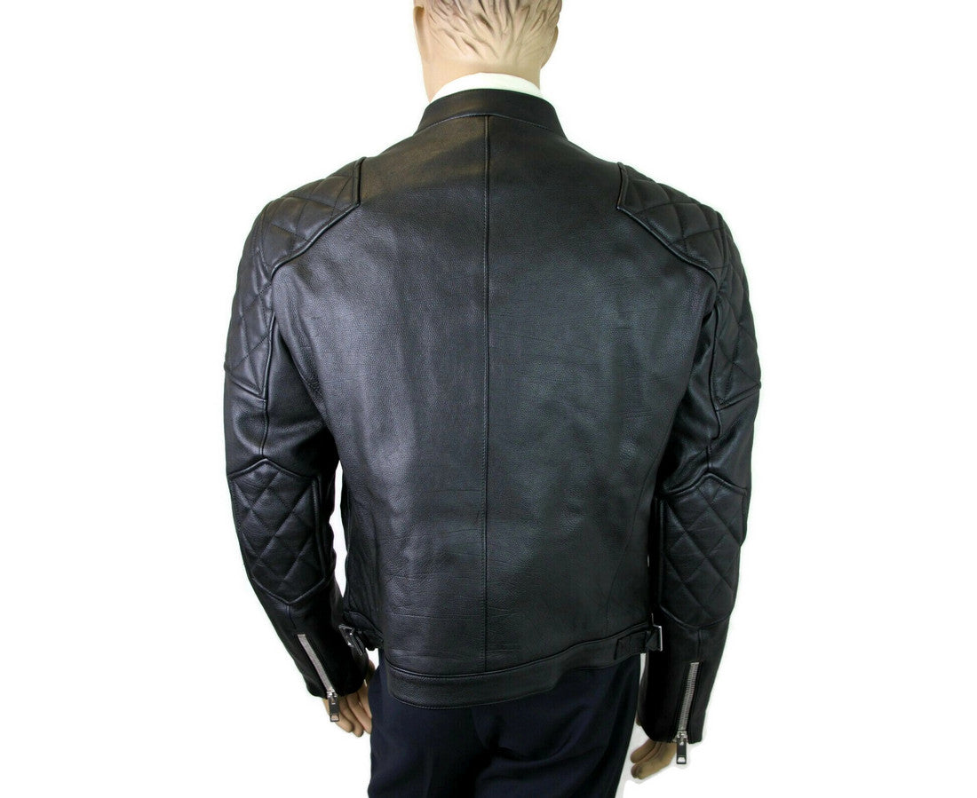 Burberry Herren-Bikerjacke aus schwarzem Leder mit Rautensteppung