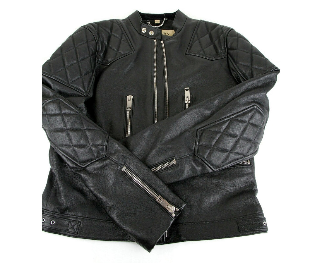 Burberry Herren-Bikerjacke aus schwarzem Leder mit Rautensteppung