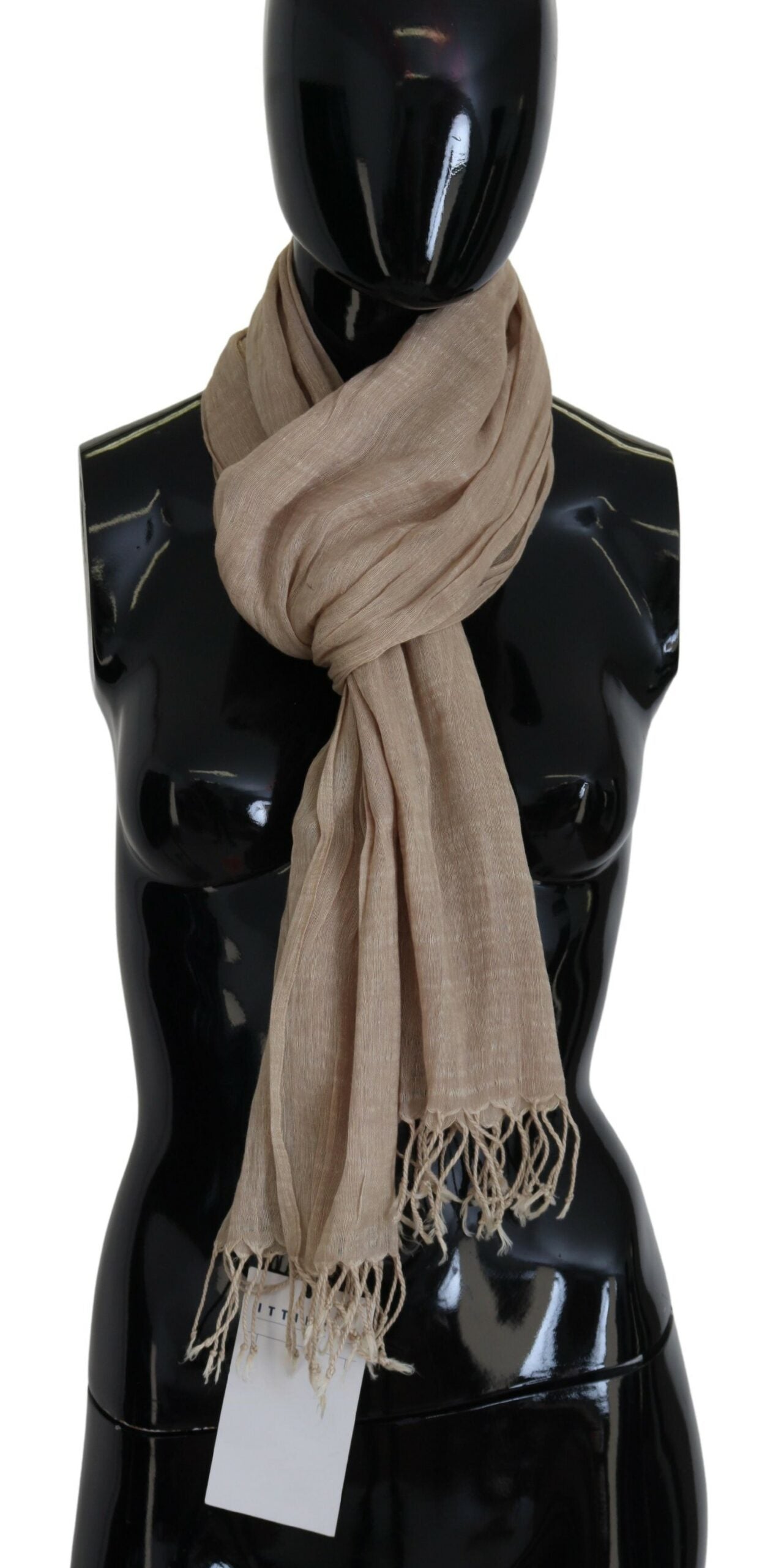 Beigefarbener Baumwollschal mit Foulard und Fransen