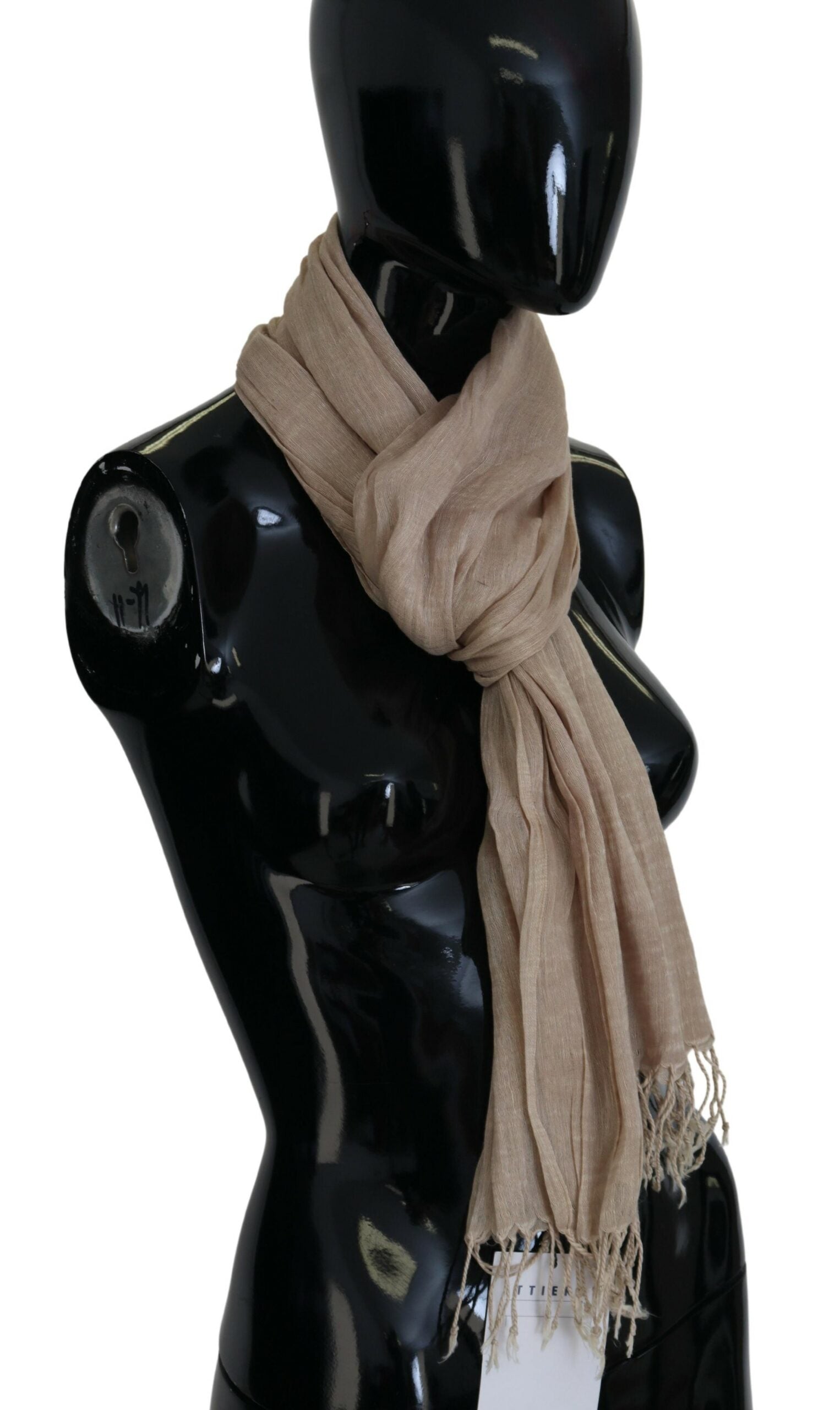 Beigefarbener Baumwollschal mit Foulard und Fransen