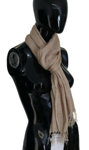 Beigefarbener Baumwollschal mit Foulard und Fransen