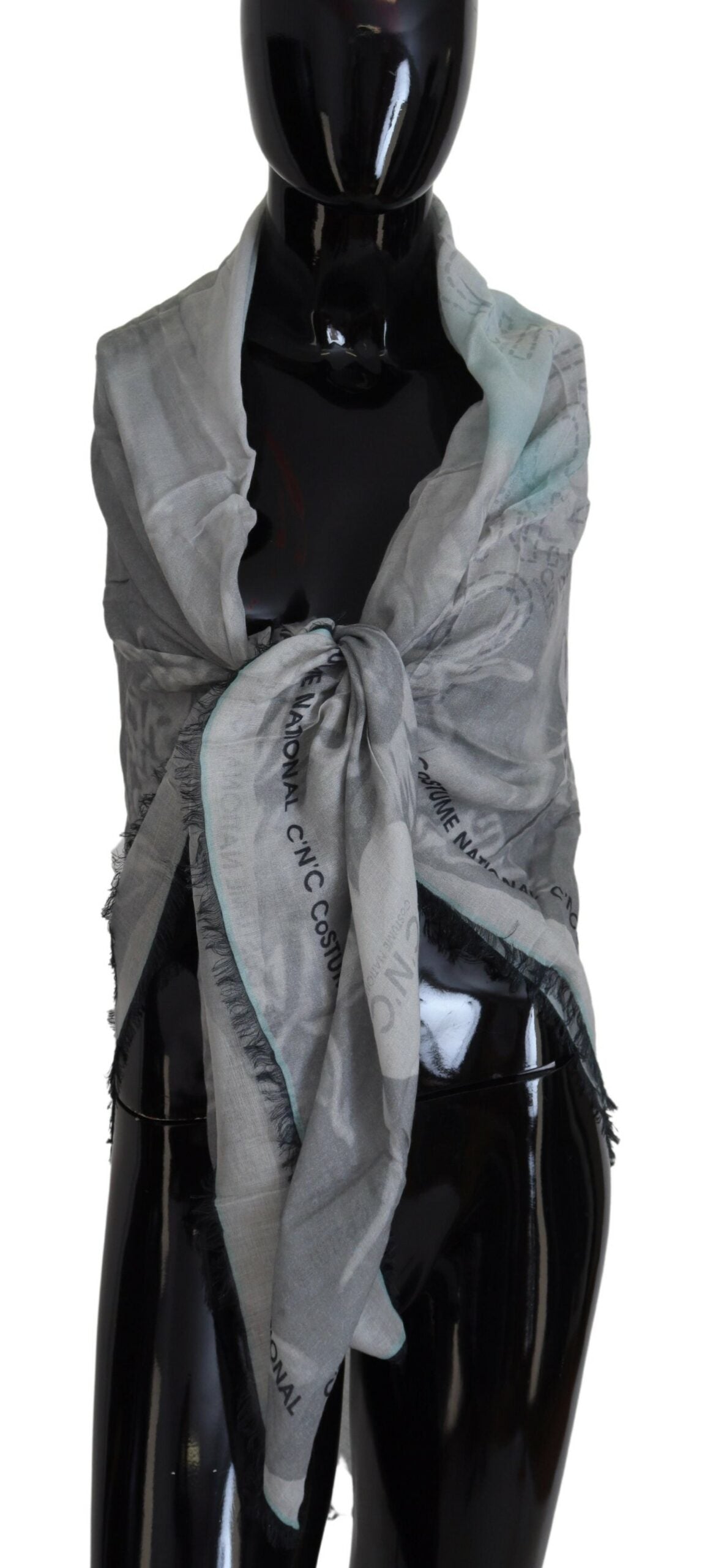 Foulard châle imprimé gris à franges