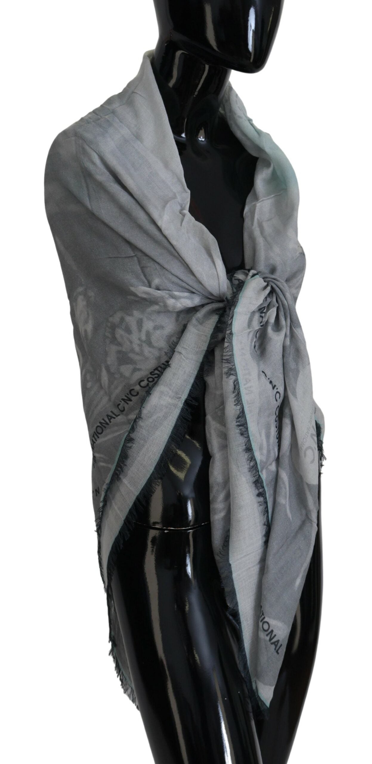 Foulard châle imprimé gris à franges
