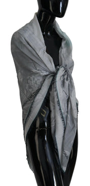 Foulard châle imprimé gris à franges